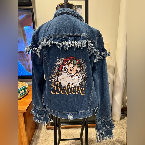 Upcycled Denim Jacket with Santa Graphic and Fringe - Picture 6 of 11
